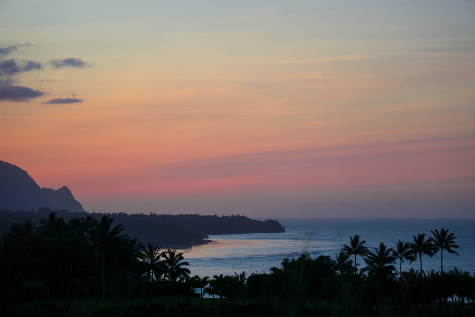 Hanalei Bay at sunset with palm silhouettes
